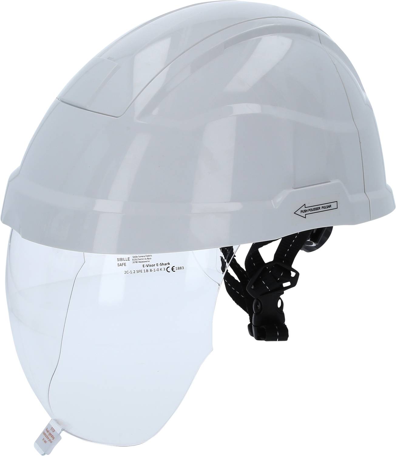 Ein weißer Schutzhelm mit integriertem Gesichtsschild. Der Helm hat verstellbare Riemen für sicheren Halt.