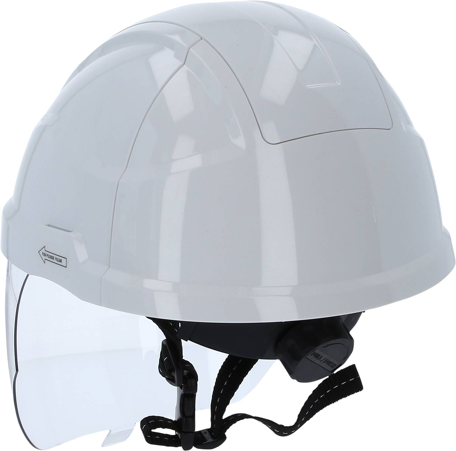 Ein weißer Schutzhelm mit integriertem Visier und verstellbarem Kinnriemen, geeignet für Sicherheitsarbeiten.