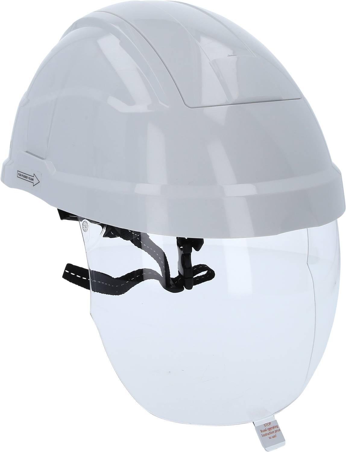 Ein weißer Schutzhelm mit integriertem transparentem Visier, geeignet für Bauarbeiten oder industrielle Sicherheitsanwendungen.