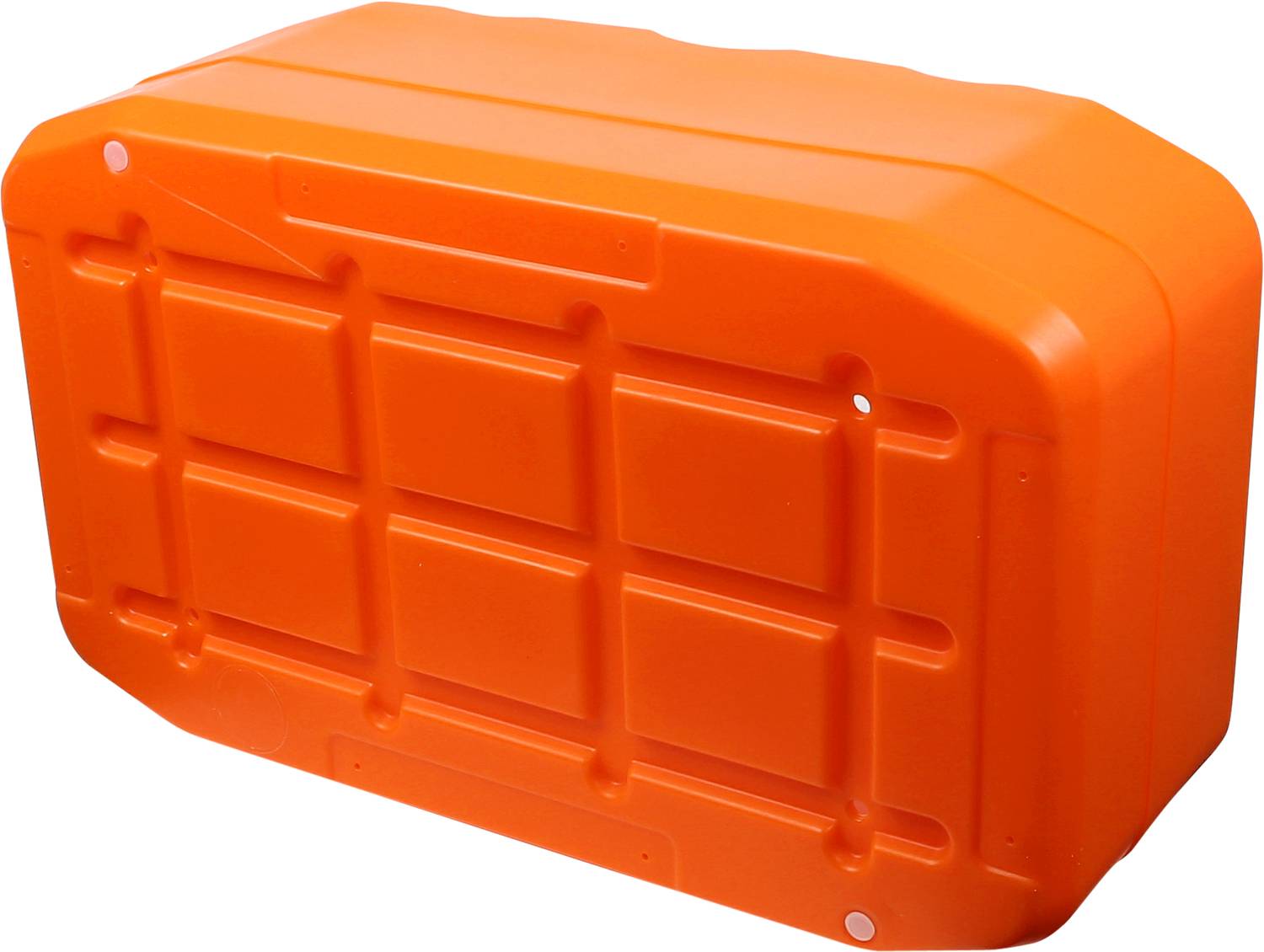 Ein orangefarbener, rechteckiger Kunststoff-Container mit strukturierten Linien auf dem Deckel.