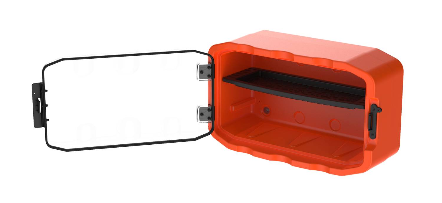 Rotes, rechteckiges Gehäuse mit geöffneter Klappe, zeigt einen Innenraum mit einem herausnehmbaren schwarzen Fach an der rechten Seite.