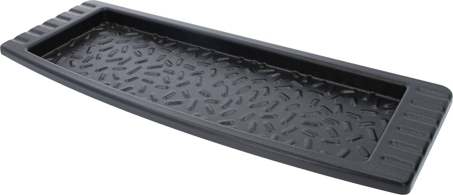 Schwarzes rechteckiges Tablett mit erhabener, rutschfester Oberfläche und geripptem Rand.