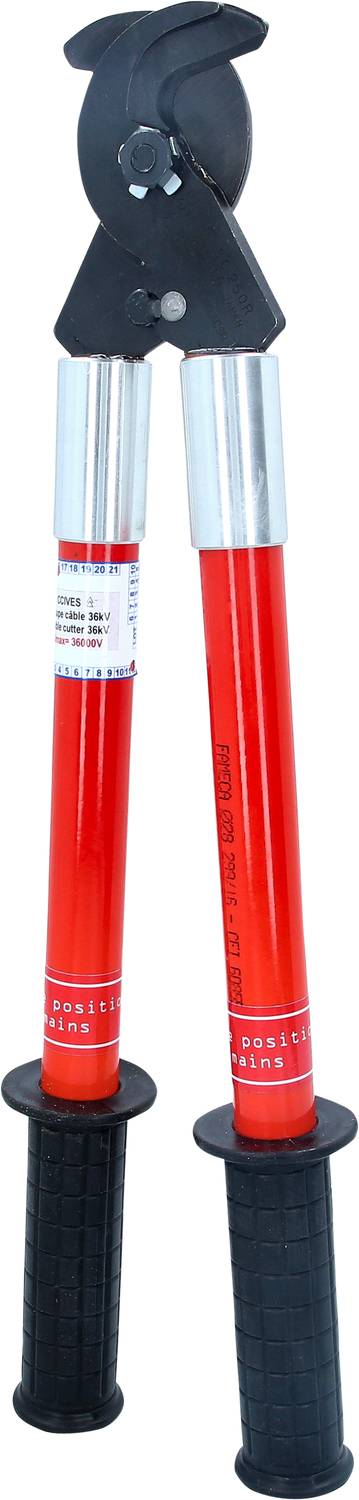 Handbetätigtes hydraulisches Schneidgerät mit roten Griffen und schwarzem Schneidkopf, geeignet zum Durchtrennen von Metallen.