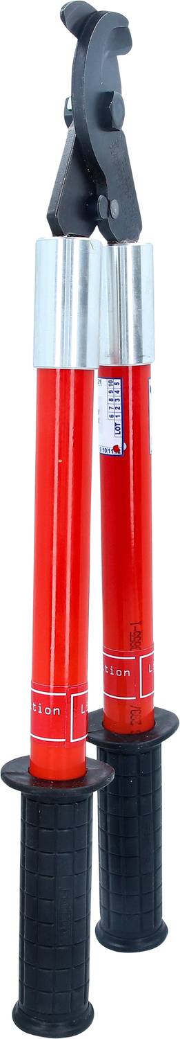 Eine rote, doppelläufige mechanische Zange mit schwarzen Griffen und Einstellmöglichkeiten. Hauptsächlich verwendet zum Schneiden dickerer Materialien.