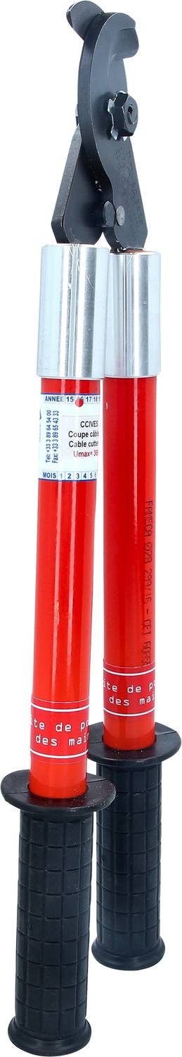 Rote, isolierte Kabelschneider mit schwarzen Griffen und metallischem Kopf, geeignet für Hochspannungsarbeiten.