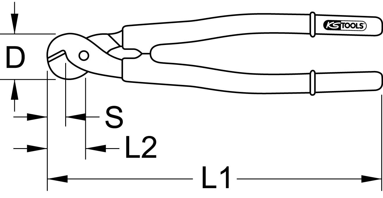 Eine schematische Darstellung einer Zange mit Maßen. Beschriftungen: 'D', 'S', 'L2', 'L1'. Zeigt die Länge und Breite der Zange.