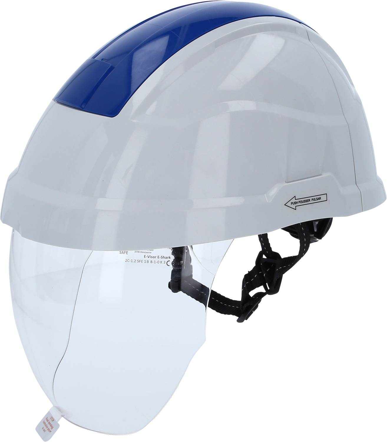 Schutzhelm mit blauem Streifen und transparentem Visier, geeignet für Arbeitssicherheit.
