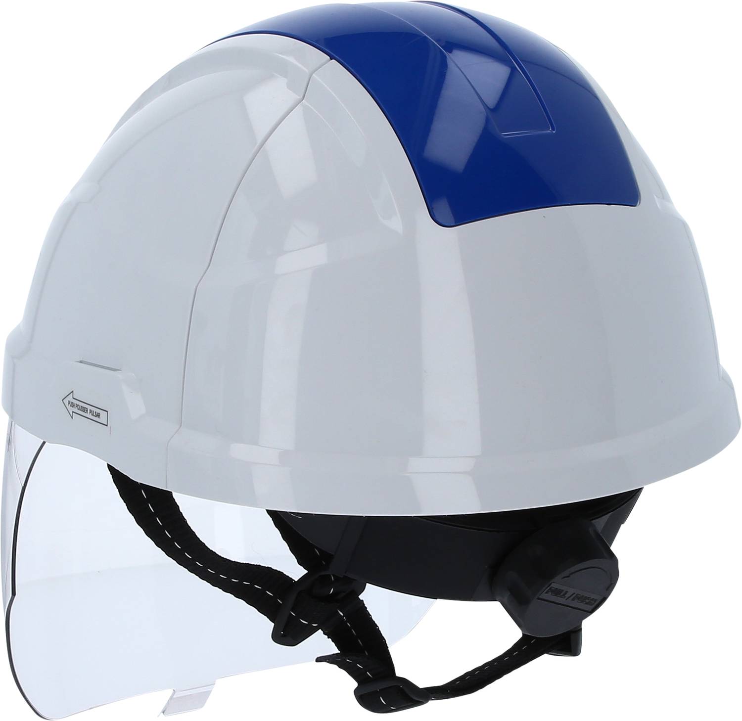 Ein weißer Schutzhelm mit blauem Streifen und Visier, geeignet für Arbeitssicherheit auf Baustellen.
