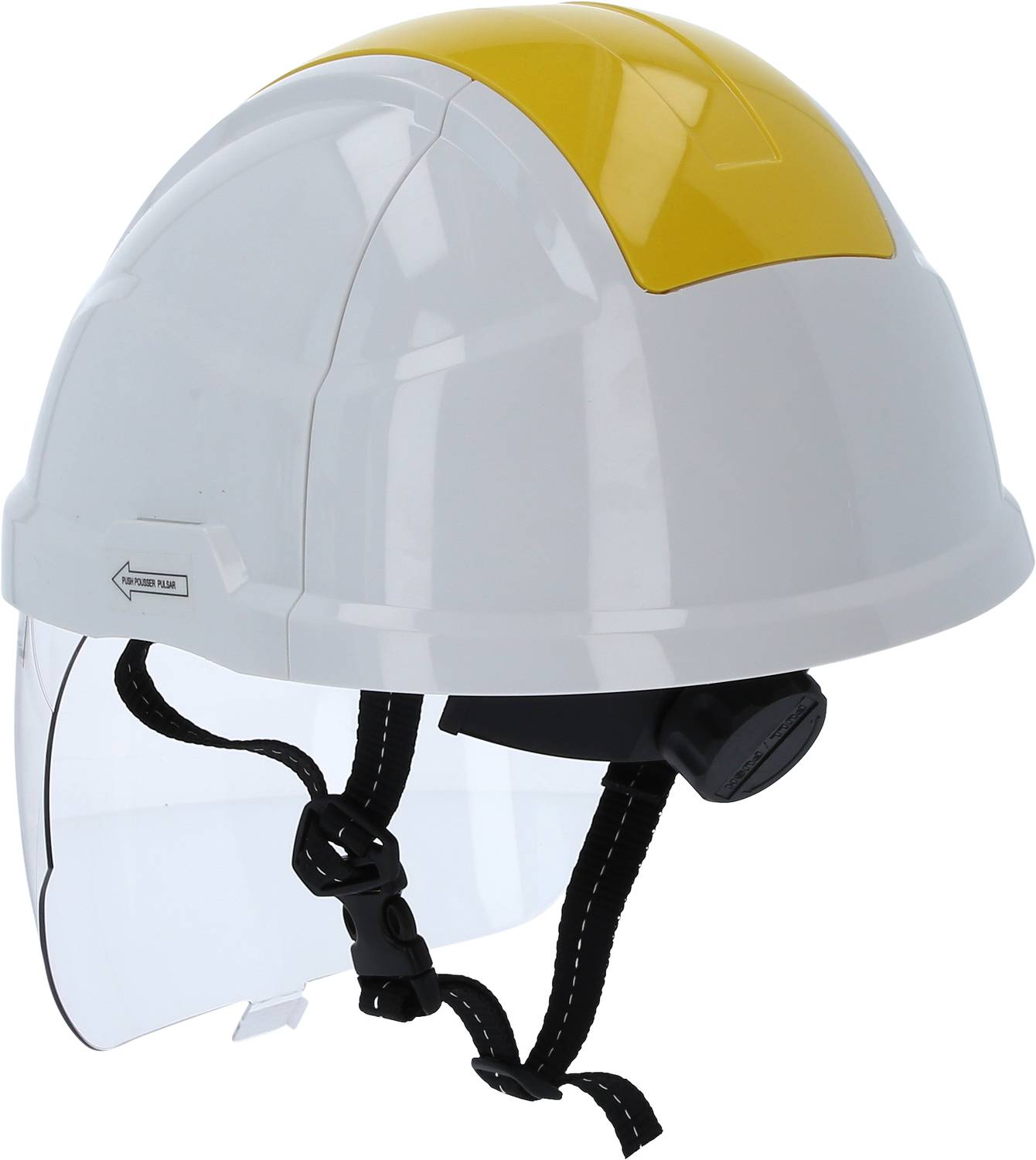 Ein weißer Bauhelm mit einem gelben Streifen auf der Oberseite. Der Helm hat ein Visier und einen verstellbaren Riemen.