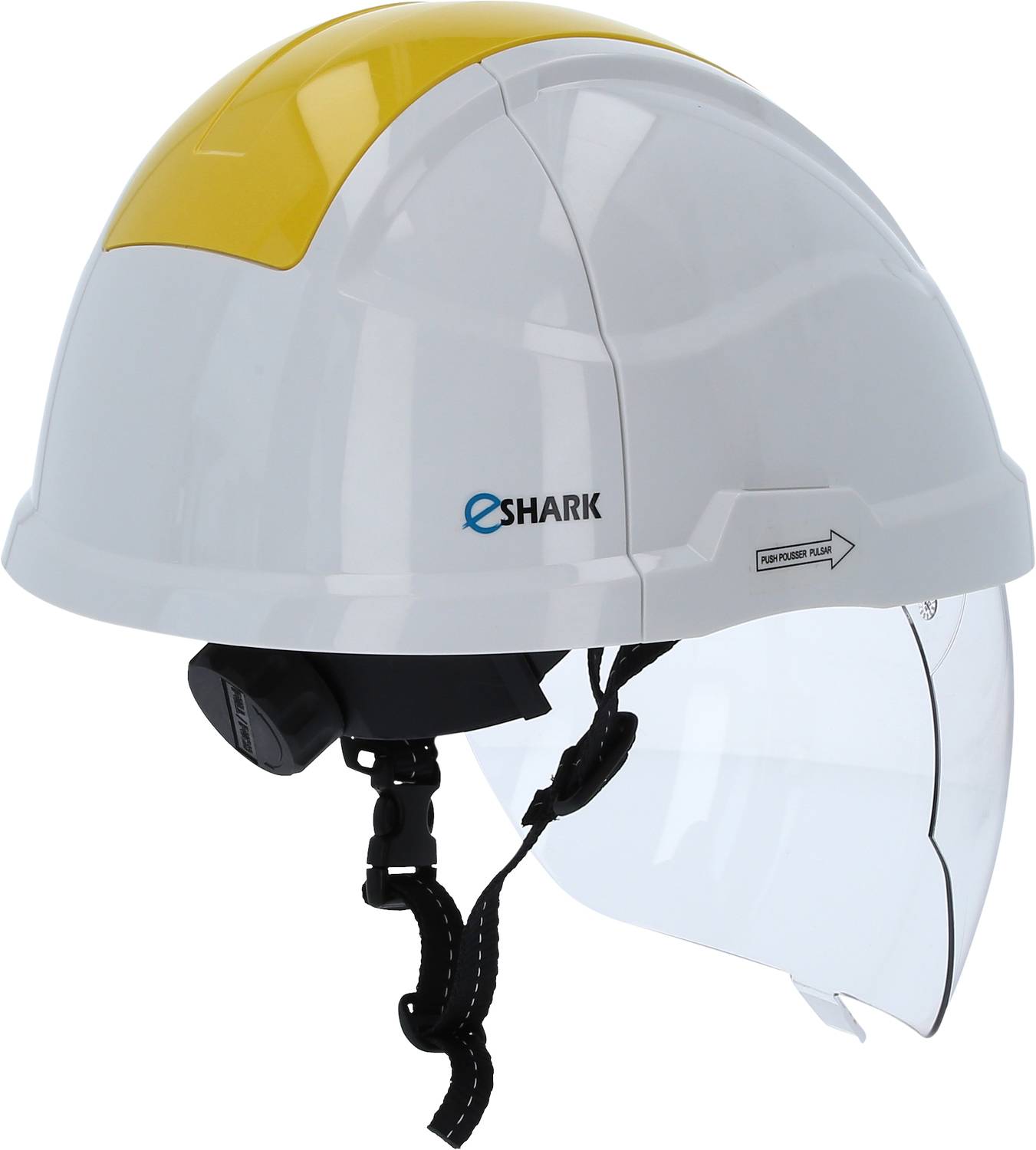 Weißer Schutzhelm mit gelber Oberseite und schwarzem Kinnriemen; seitlich ist der Name 'Shark' zu erkennen.