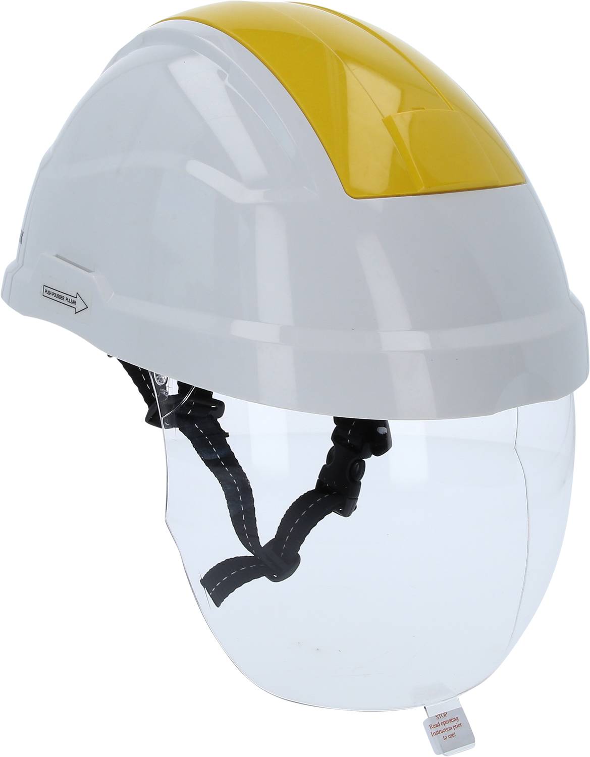 Ein weiß-gelber Schutzhelm mit klappbarem Visier. Verfügt über verstellbare Gurte für sicheren Sitz. Geeignet für Sicherheitsarbeiten.