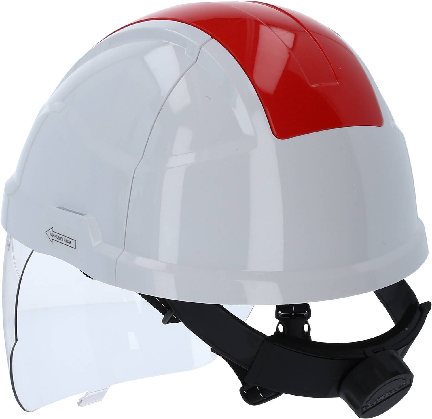 Weißer Schutzhelm mit rotem Streifen und klappbarem Visier, geeignet für den Arbeitsschutz auf Baustellen.