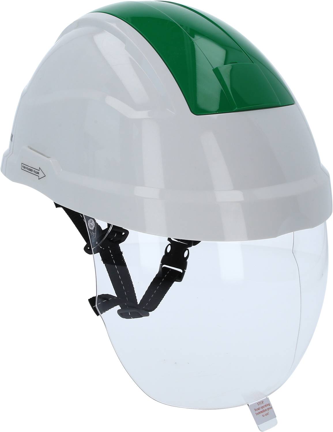 Schutzhelm aus weißem Kunststoff mit grünem Streifen auf der Oberseite und transparentem Gesichtsschutz. Ideal für Sicherheitszwecke.