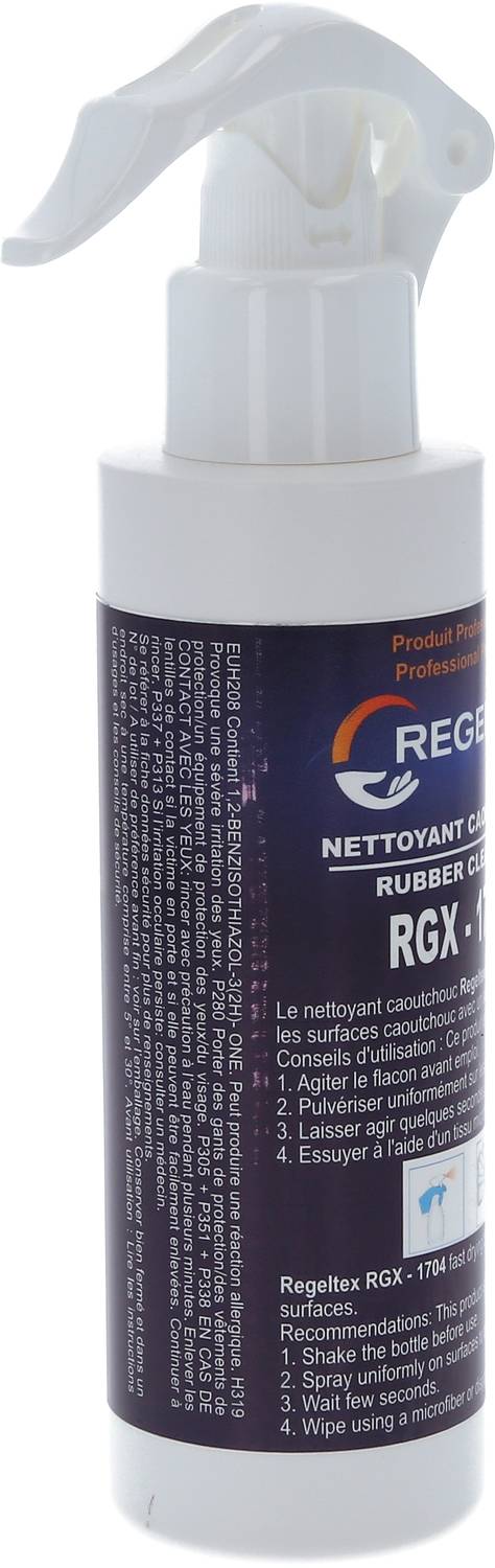 Eine Sprühflasche mit einem Etikett, das ein Gummi-Reinigungsprodukt von Regenex beschreibt. Anweisungen und Informationen sind aufgedruckt.