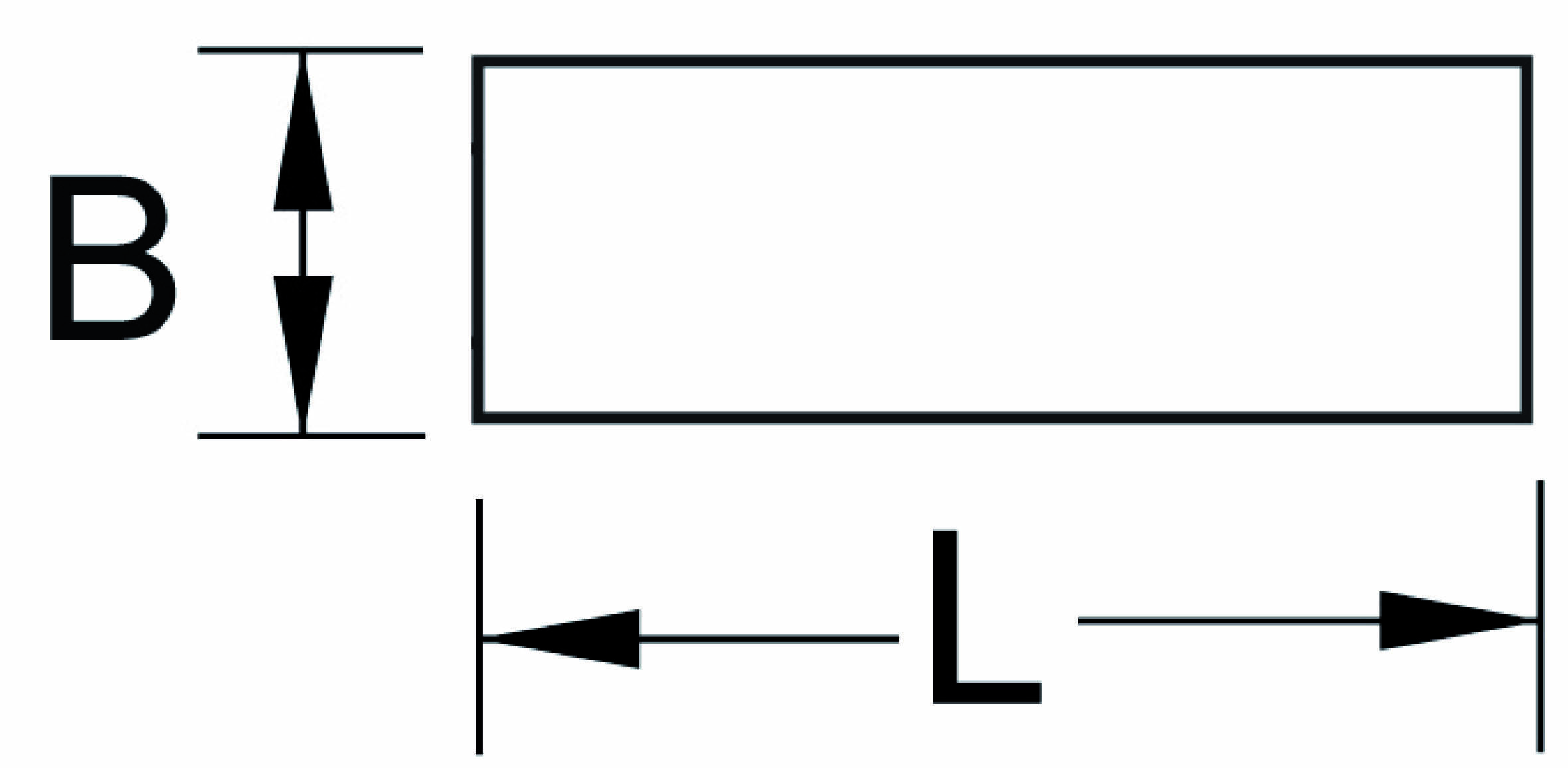 Rechteck mit Länge 'L' und Breite 'B', dargestellt mit Maßpfeilen.