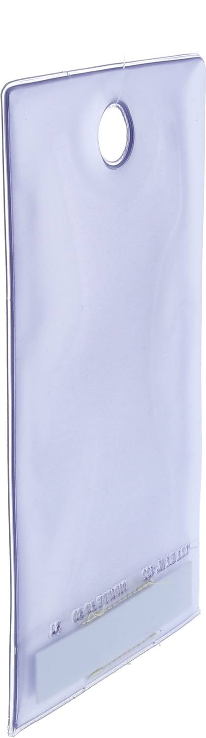 Kunststoffhalter im Hochformat mit ovalem Ausschnitt oben. Unten ist ein beschrifteter Streifen sichtbar.