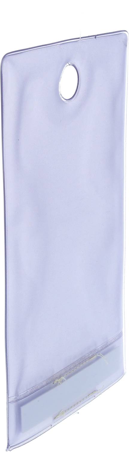 Eine transparente, violett getönte Plastikverpackung mit einer ovalen Öffnung oben. Sie ist leer und hat eine rechteckige Form.