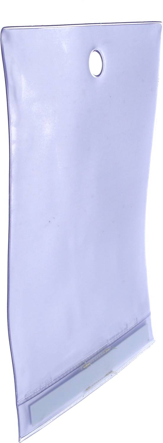 Klargeschliffene, rechteckige Kunststoffhülle mit einem Loch an der Oberseite, möglicherweise für Dokumentenaufbewahrung.