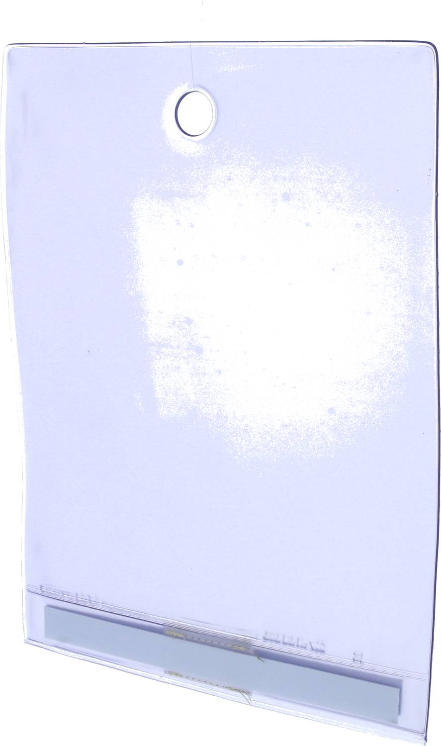 Ein transparentes Acrylschild mit einem Loch an der Oberseite zur Befestigung. Es ist leer und glänzt leicht.