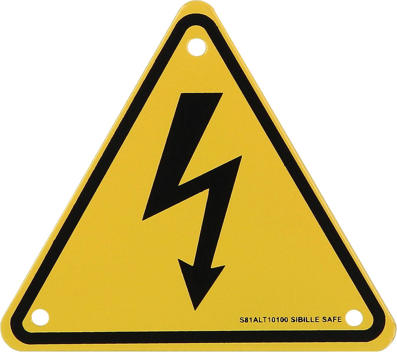 Gelbes Warnschild mit schwarzem Blitzpfeil, das vor elektrischer Spannung warnt.