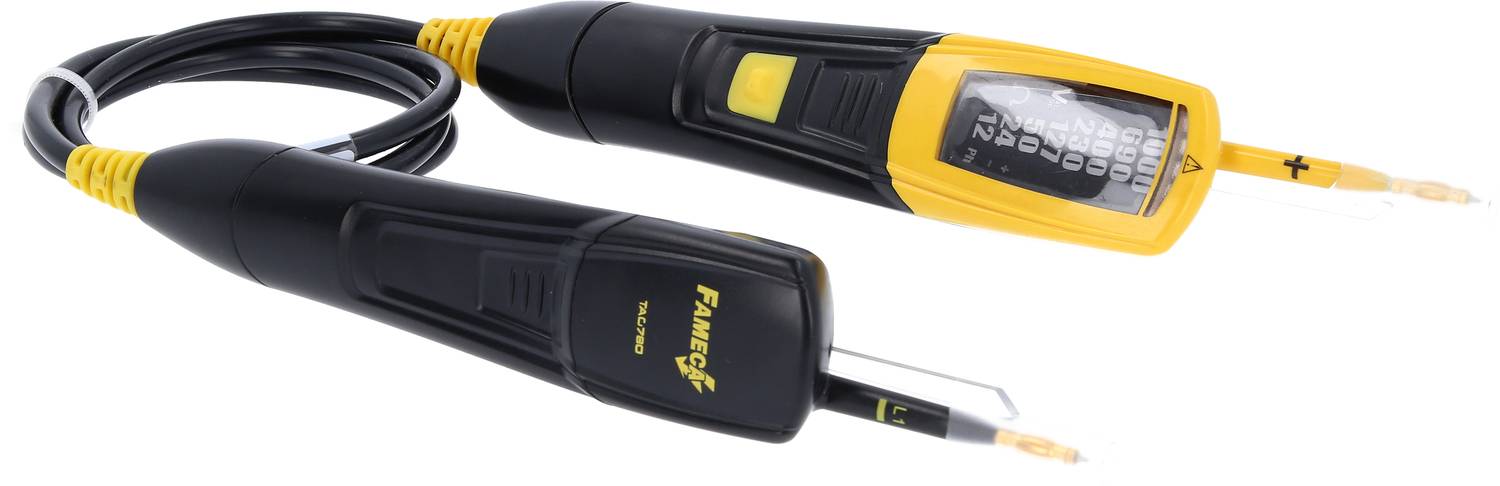 Zwei-poliger Spannungsprüfer mit digitaler Anzeige, gelb-schwarz. Misst elektrische Spannung zur Fehlerdiagnose in elektrischen Geräten.