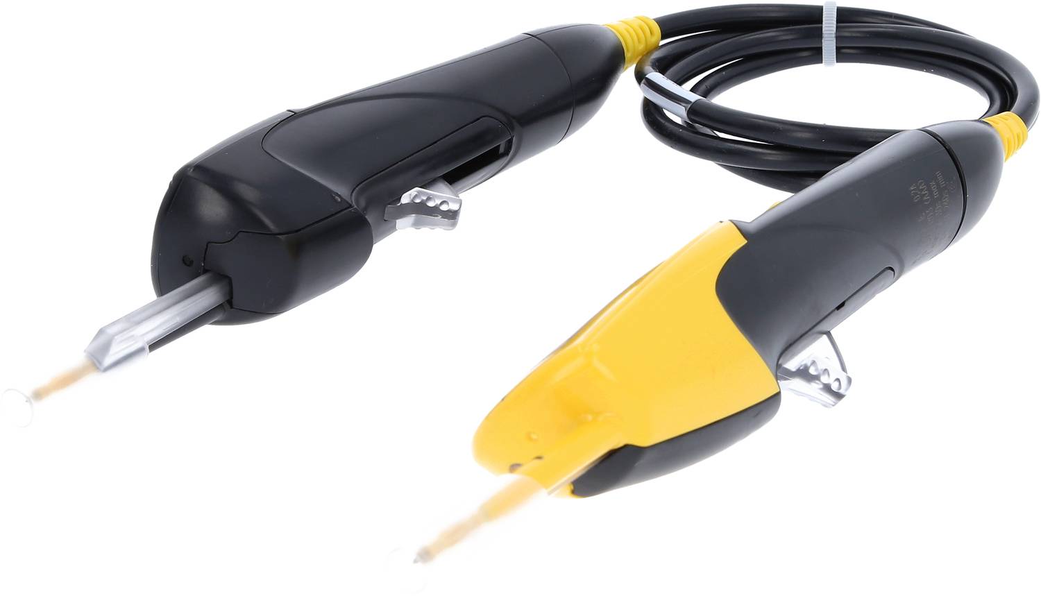 Zwei elektrische Lötkolben mit gelben und schwarzen Griffen, verbunden durch ein langes Kabel.
