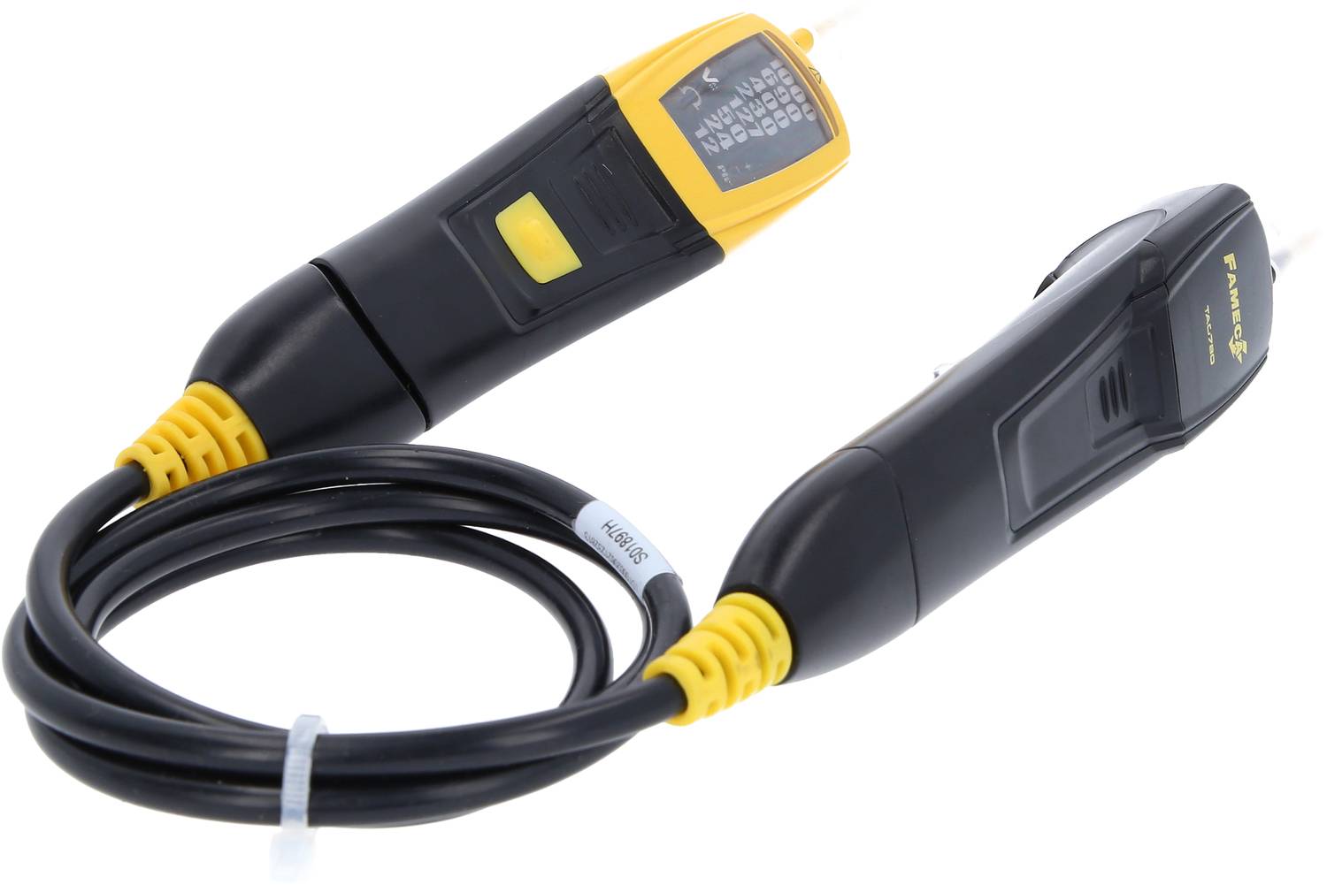 Spannungsprüfer mit Display und Kabel, schwarz-gelb, zur Messung elektrischer Spannungen.
