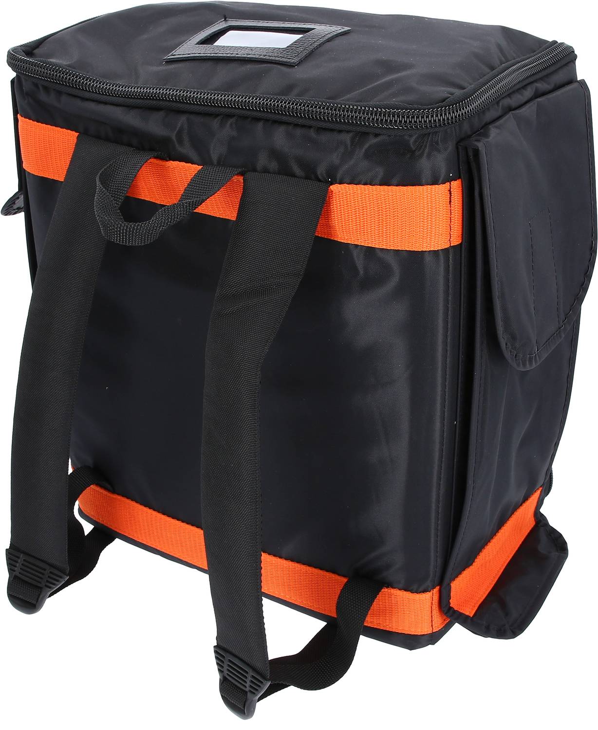 Schwarzer Rucksack mit orangen Streifen, seitlichen Taschen und Tragegriffen; robustes Design, möglicherweise für Outdoor-Zwecke.