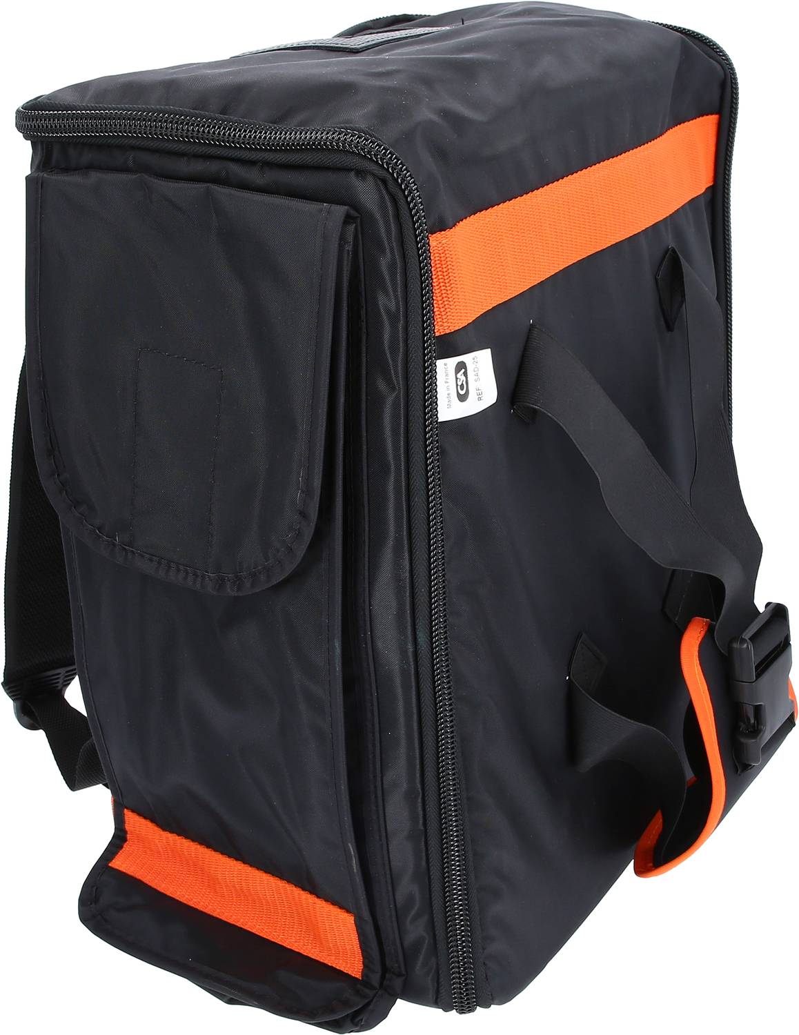 Eine schwarze Tasche mit orangen Streifen und einem Tragegurt, geeignet für den Transport von Gegenständen.