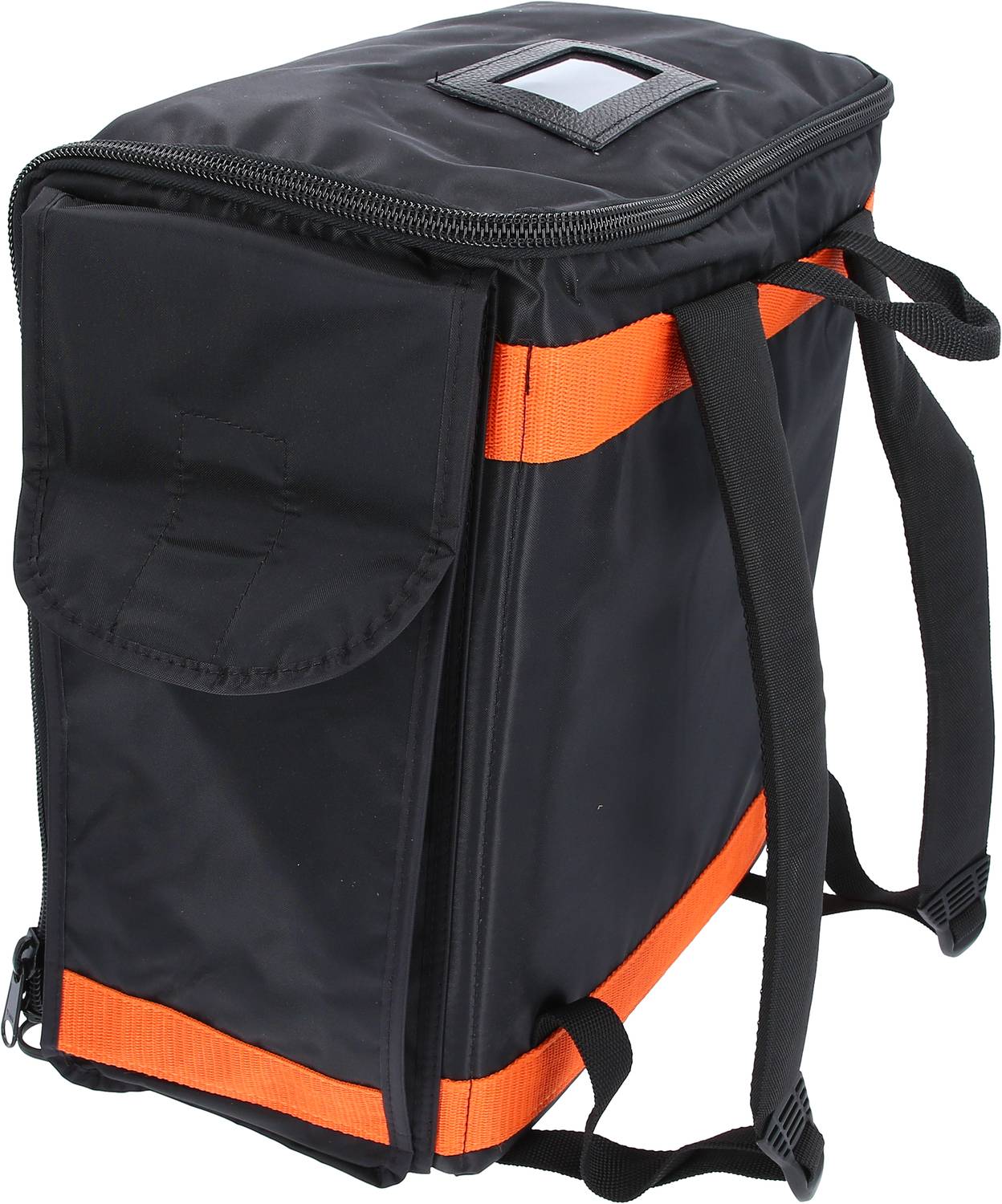 Schwarzer und orangefarbener Rucksack mit Seitenfach, geeignet zum Transportieren oder Aufbewahren von Gegenständen.