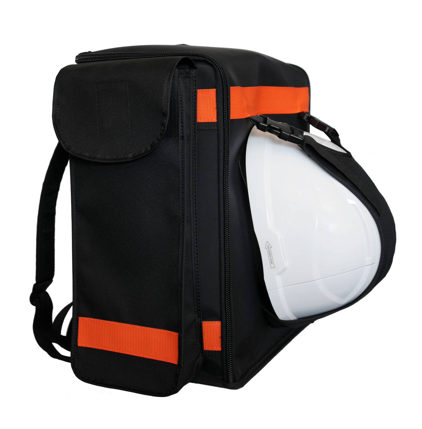Schwarzer Rucksack mit orangenen Streifen, seitlich ein befestigter weißer Schutzhelm.