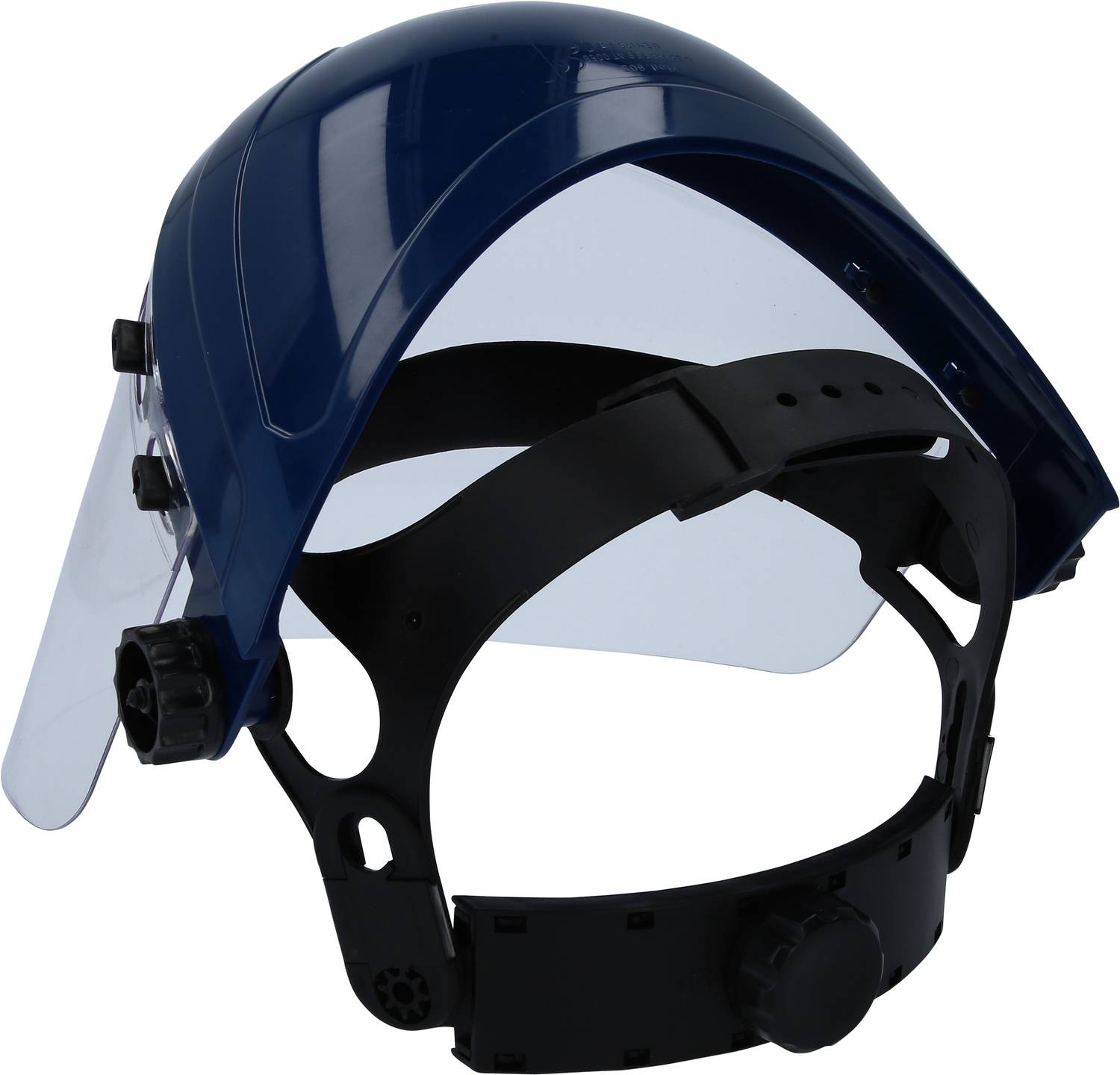 Blauer Schutzhelm mit klarem Visier und verstellbarem Band, geeignet für Augen- und Gesichtsschutz bei handwerklichen Arbeiten.