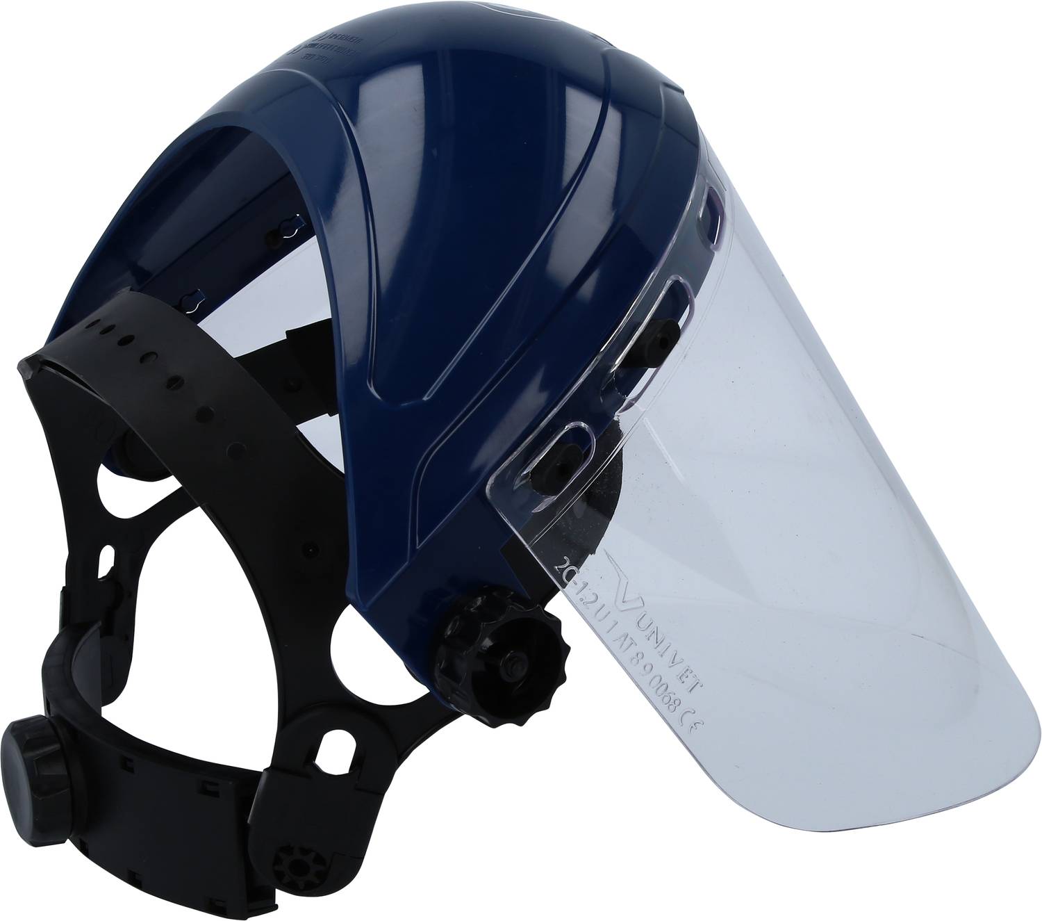 Ein blauer Schutzhelm mit transparentem Visier und verstellbarem Kopfband aus Kunststoff, geeignet für industrielle Sicherheitsanwendungen.