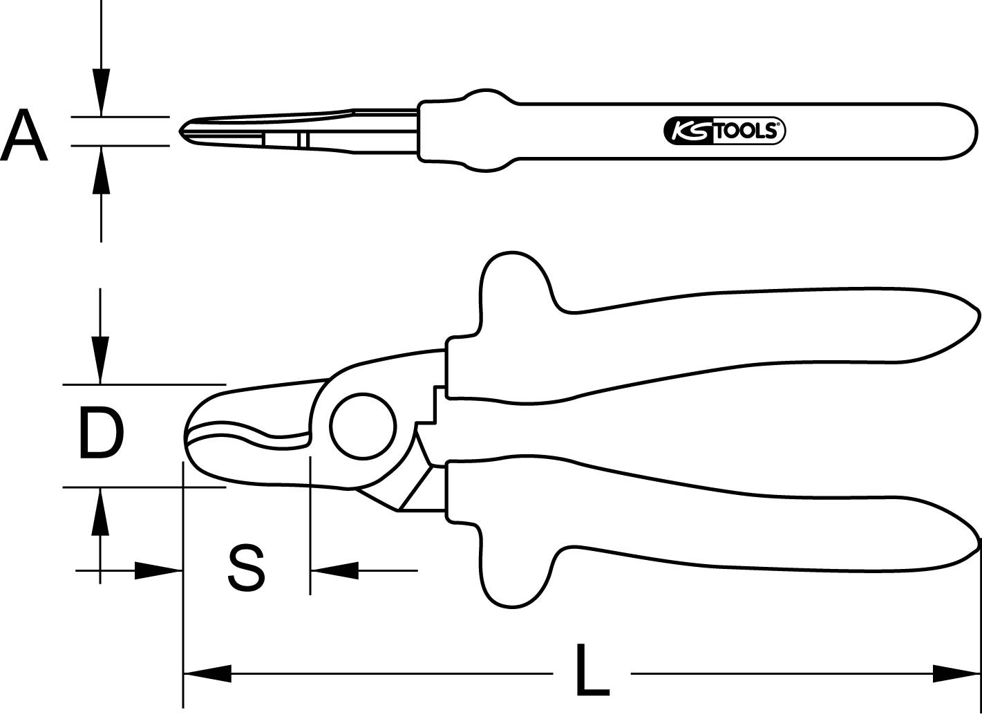 Zeichnung einer Zange mit seitlicher Ansicht und Maßen: Gesamtlänge (L), Schenkellänge (S) und Backendurchmesser (D).