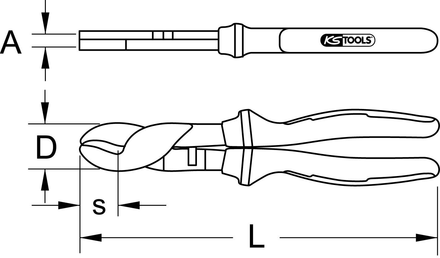 Zeichnung einer Zange mit Griff und gebogenem Kiefer. Markierungen für Länge (L), Abstand (D), und Schnittbreite (S).