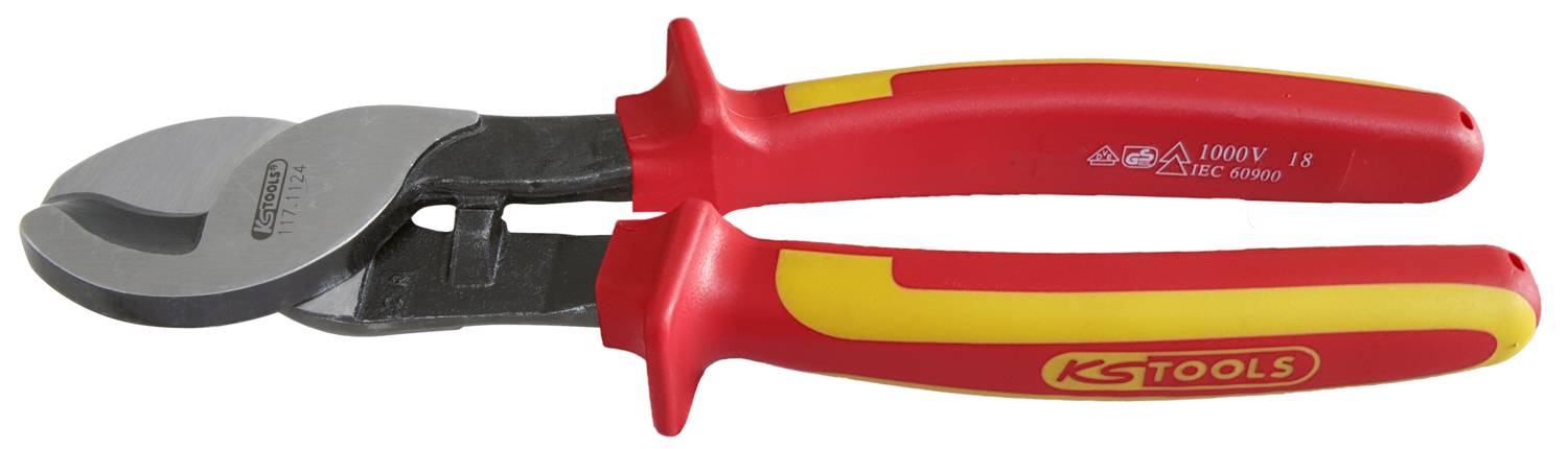 Ein roter und gelber Kabelschneider von KS Tools mit isolierten Griffen und einer Schneidklinge aus Metall, geeignet für bis zu 1000 Volt.