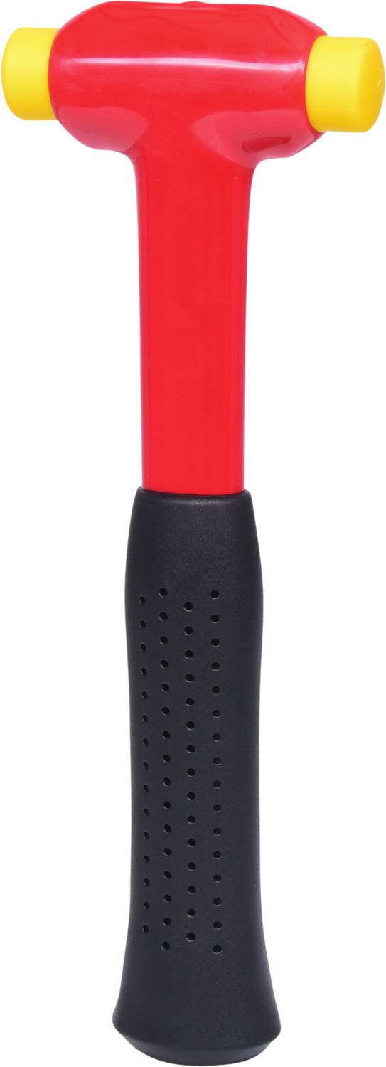 Roter Kunststoffhammer mit schwarzem Griff und gelben Enden, geeignet für leichte Arbeiten.