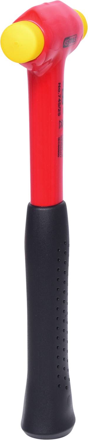 Ein roter Schonhammer mit einem gelben Kopf und schwarzem Griff. Entworfen für Arbeiten, bei denen Oberflächen nicht beschädigt werden sollen.