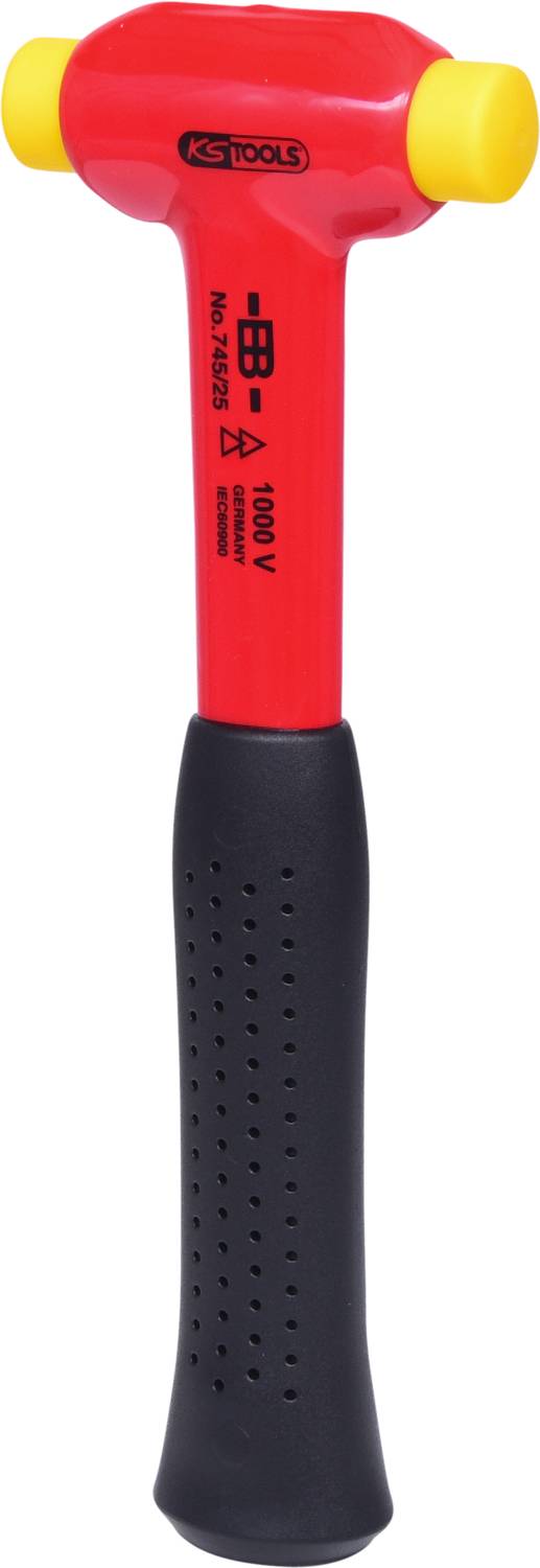 Ein roter Kunststoffhammer mit gelbem Kopf und schwarzem Griff, geeignet für Arbeiten unter Strom. Markierung '1000 V' auf dem Hammer.