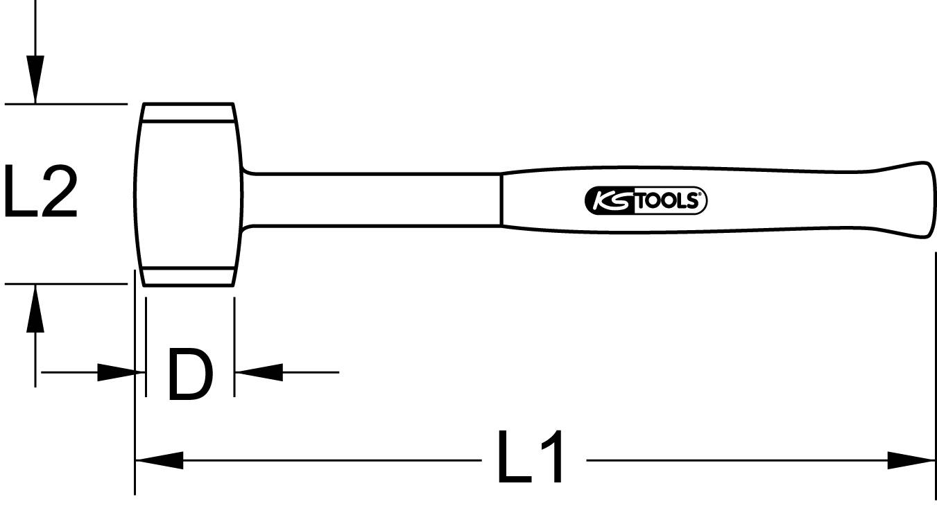 Diagramm eines Hammers von KS Tools mit Beschriftungen der Abmessungen: Gesamtbreite (L2), Griffbreite (L1) und Kopfbreite (D).