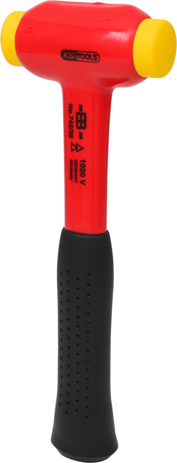 Ein roter Schonhammer mit gelben Endkappen und schwarzem Griff. Ideal für Arbeiten mit elektrischen Komponenten bis 1000 Volt.