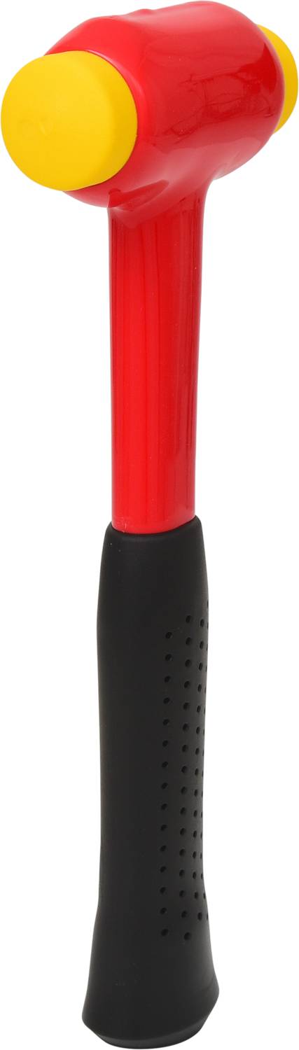 Ein rot-gelber Kunststoffhammer mit schwarzem Griff, oft verwendet bei Arbeiten, die schonendes Hämmern erfordern.
