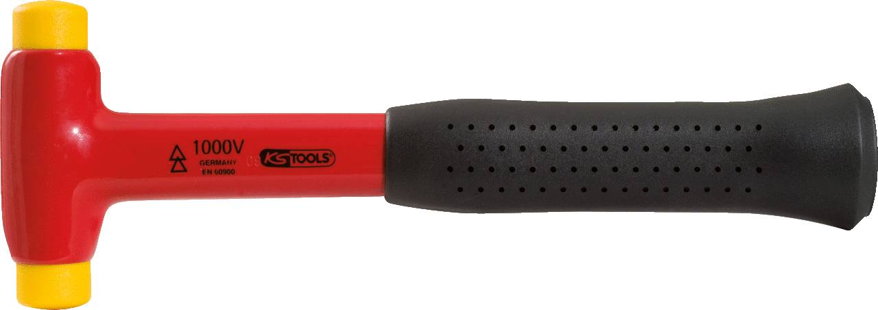 Ein roter, isolierter Hammer mit einem schwarzen Griff. Geeignet für Arbeiten bis 1000V, wie auf der Beschriftung angegeben.