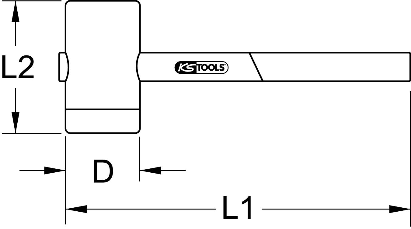 Zeichnung eines Hammers mit den Maßen L1, L2 und D, sowie einem 'KS Tools'-Logo auf dem Griff.
