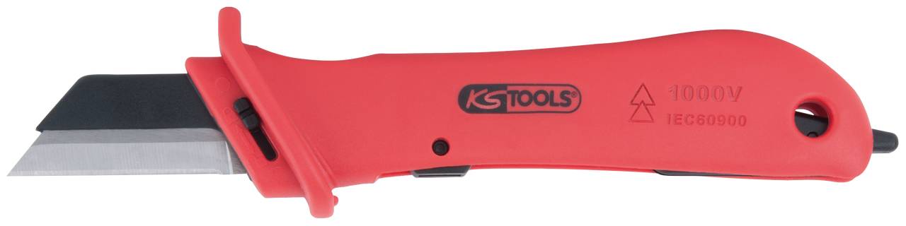 Rotes Sicherheitsmesser mit Klinge, geeignet für elektrische Arbeiten bis 1000V. Klingenabdeckung integriert. Logos und Sicherheitskennzeichen sichtbar.