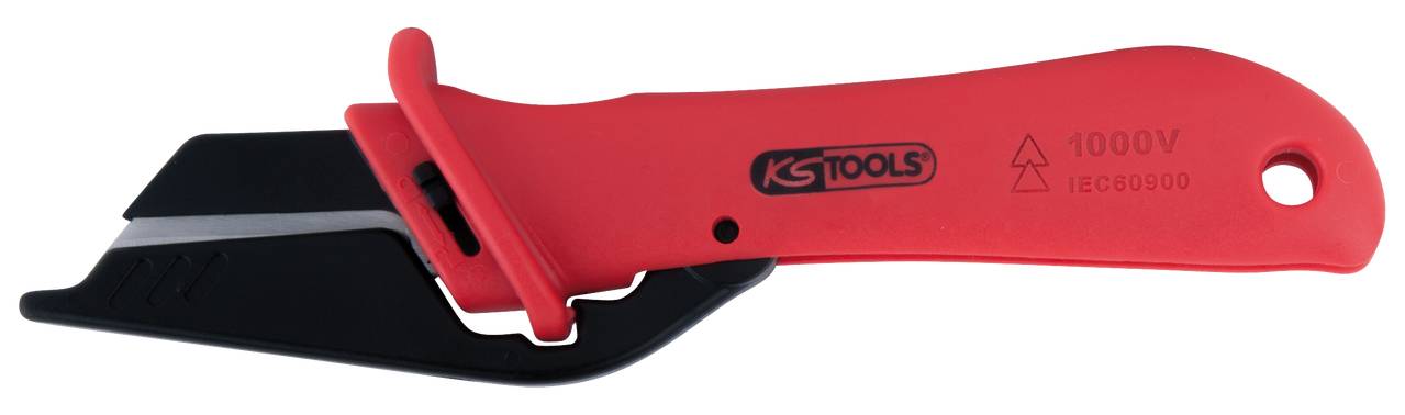 Isolier-Abmantelungsmesser mit rotem Griff und schwarzer Klinge. Geeignet für bis zu 1000V, erfüllt IEC 60900 Standards.