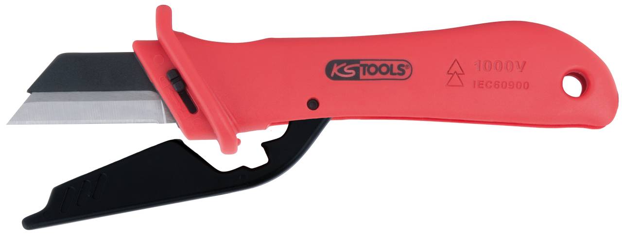 Rotes Abisoliermesser mit Schutzkappe; Marke KS Tools; geeignet für Arbeiten an spannungsführenden Leitungen bis 1000V.