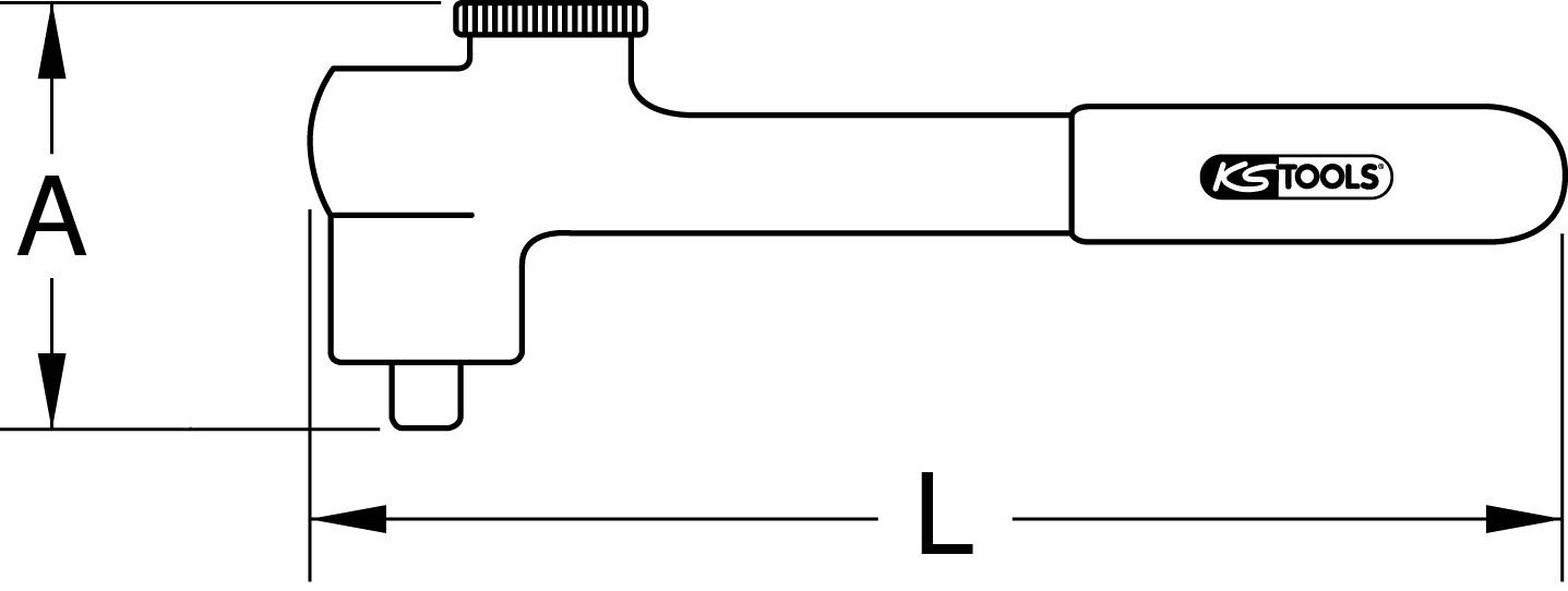 Technische Zeichnung eines Winkelschlüssels mit den Maßen 'A' und 'L' dargestellt. Logo der Marke ist sichtbar.