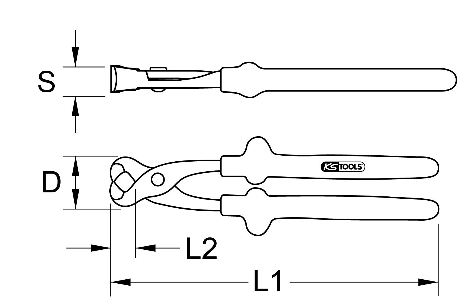 Technische Zeichnung einer Kneifzange von KS Tools. Markiert sind die Abmessungen: Grifflänge (L1, L2), Kopfbreite (S) und Kopfdurchmesser (D).