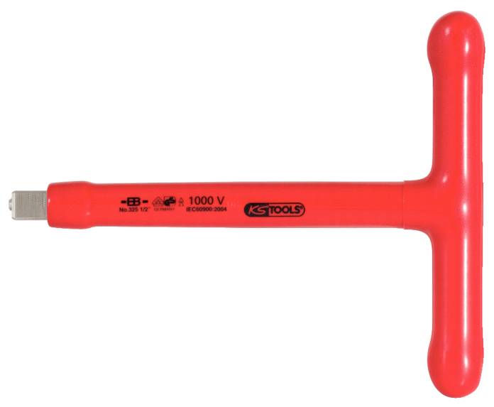 Rotes T-förmiges Handwerkzeug; isolierter Griff für 1000V, geeignet zum Drehen oder Anziehen von Muttern oder Schrauben.